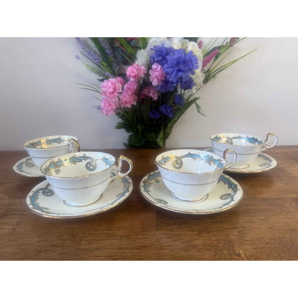 Aynsley England Bone China Teacup Saucer Set Blue Scroll Gold Trim Floral